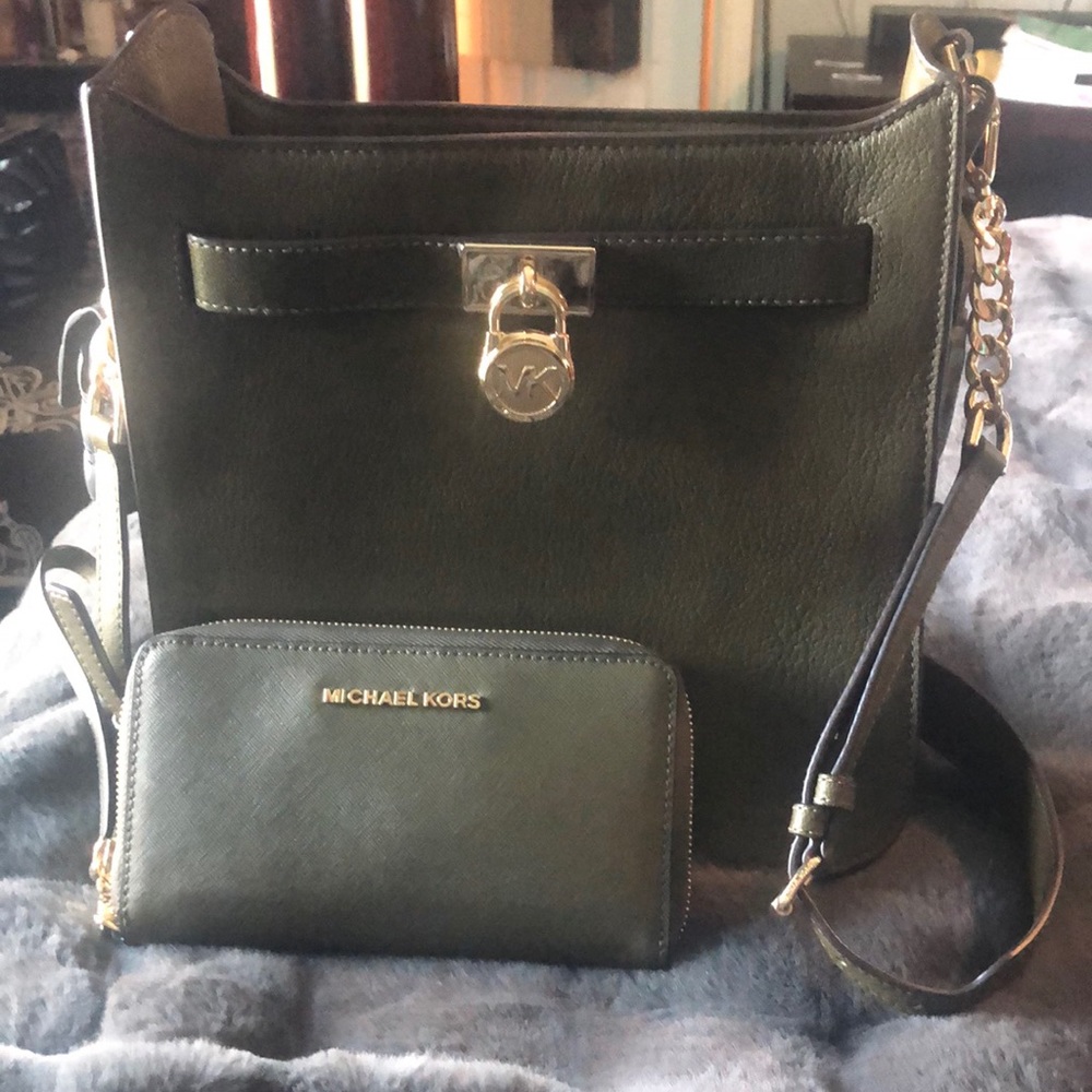 Michael Kors olive green crossbody and wallet.